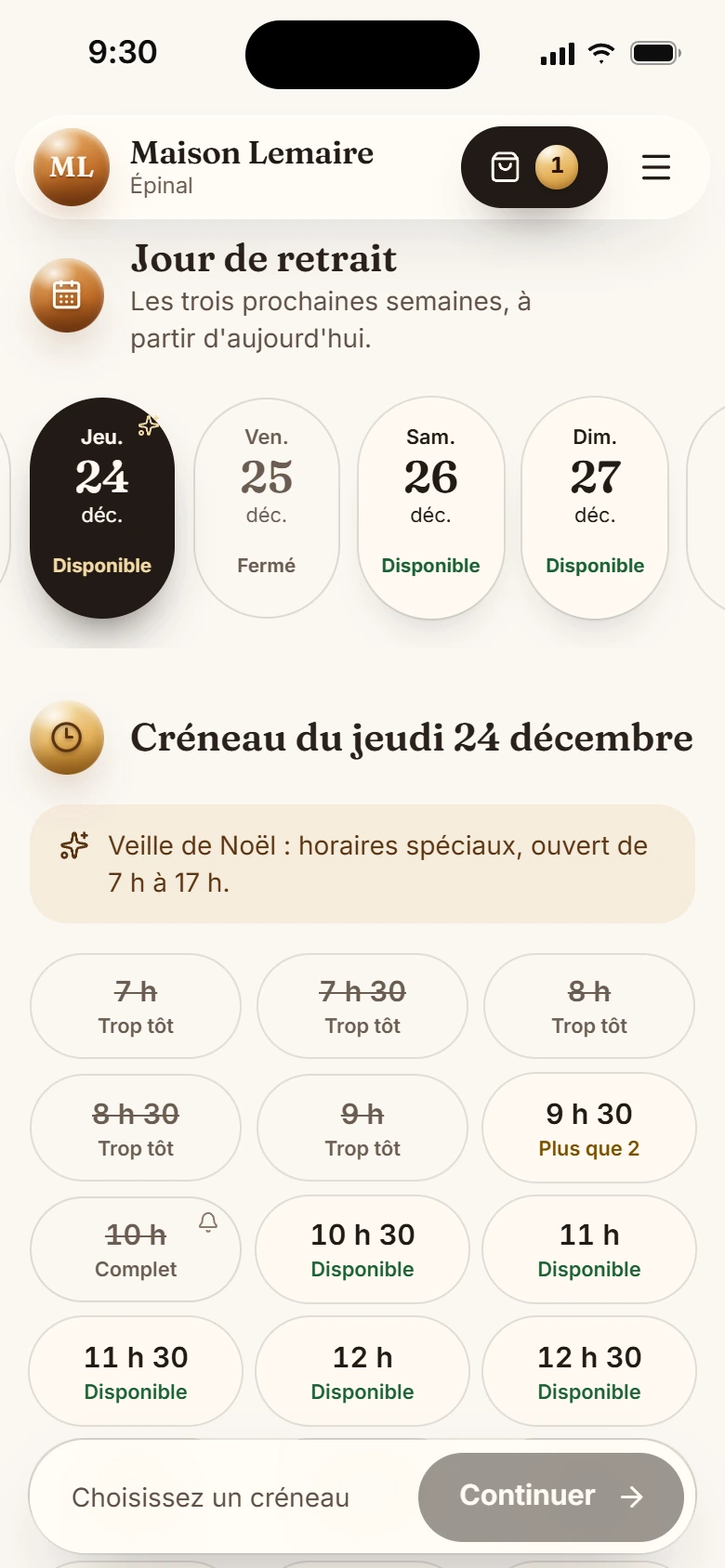 Choix du jour et du créneau de retrait sur téléphone : le jeudi 24 décembre, veille de Noël, avec les créneaux trop tôt, les dernières places, un créneau complet et les créneaux disponibles