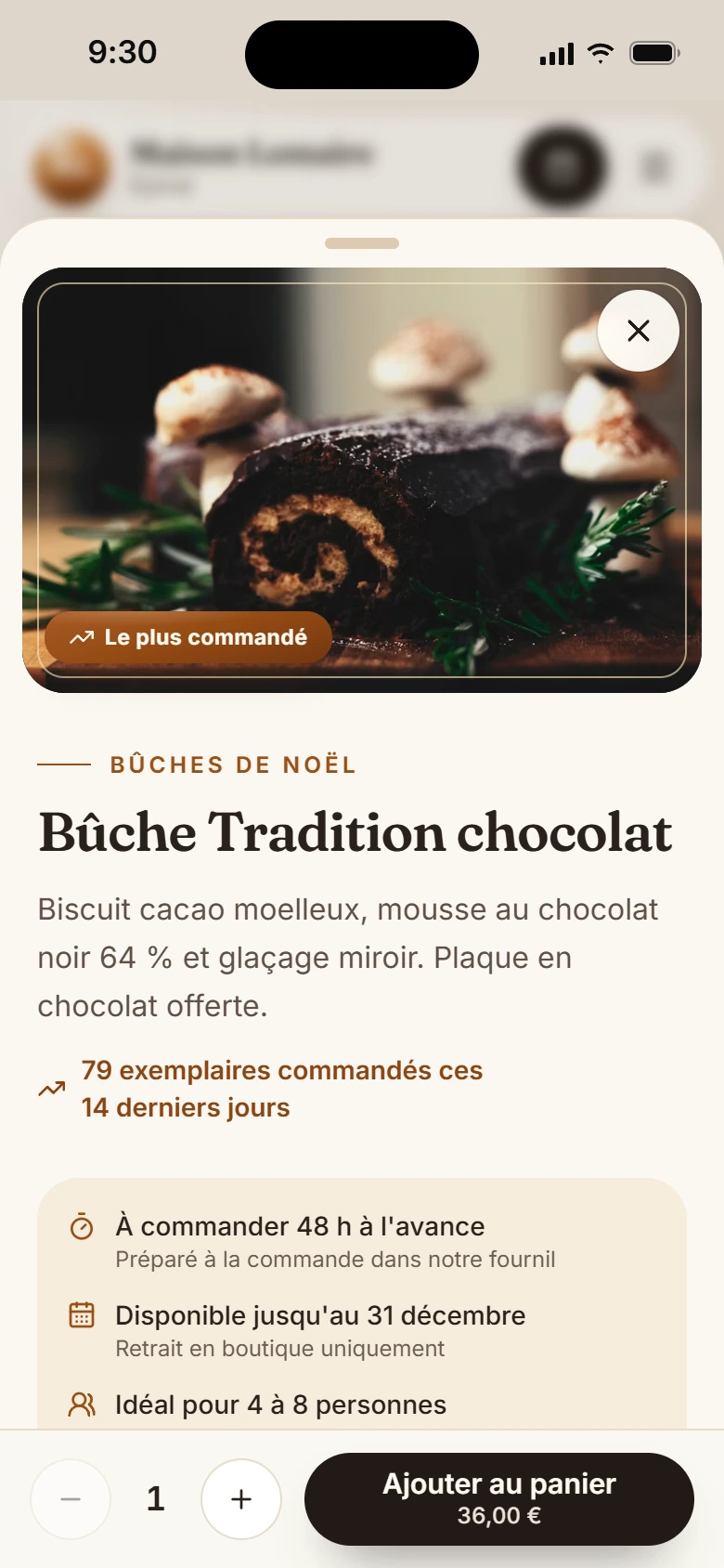 Fiche d'une bûche sur téléphone : photo, description, exemplaires commandés ces 14 derniers jours, délai de commande et bouton Ajouter au panier