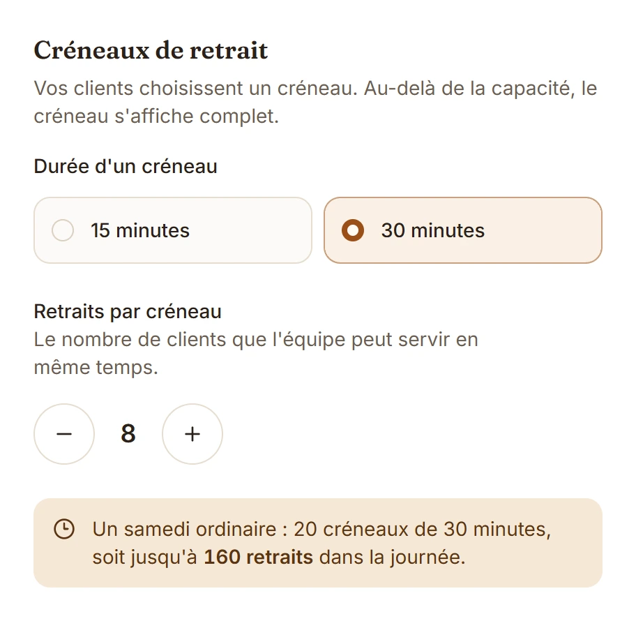 Réglage des créneaux de retrait : durée d'un créneau et nombre de retraits par créneau