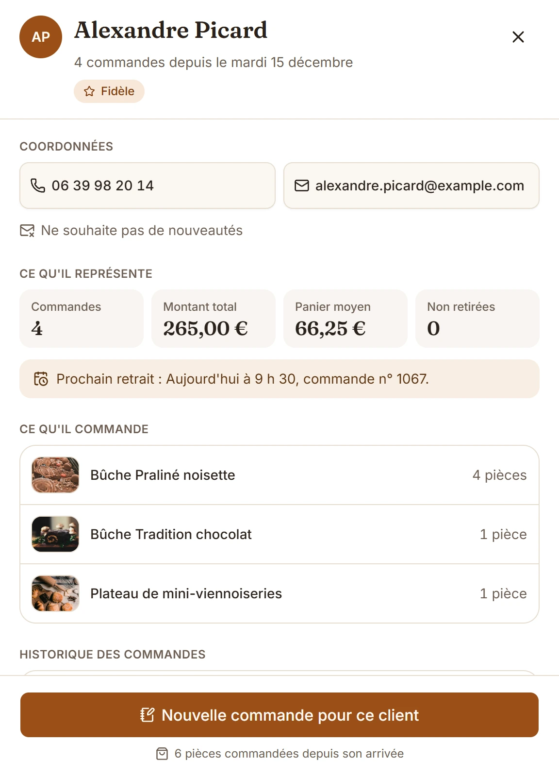 Fiche d'un client : ses commandes, le montant total, son prochain retrait et les produits qu'il commande