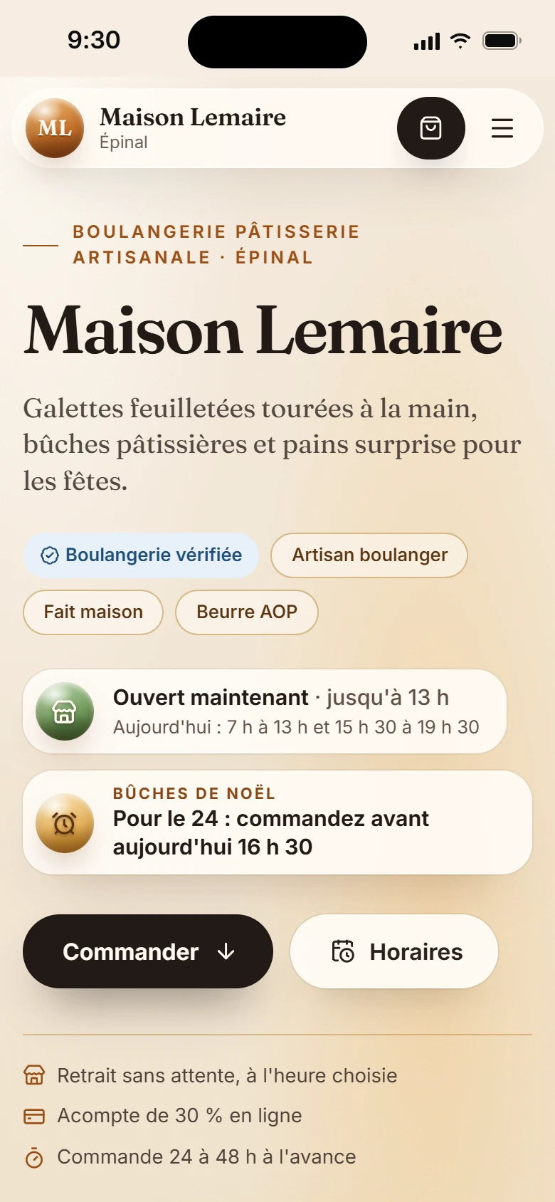 Page de commande d'une boulangerie sur téléphone : boulangerie vérifiée, ouverte jusqu'à 13 h, date limite pour les bûches du 24 et bouton Commander