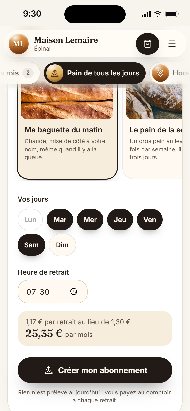 Abonnement au pain sur téléphone : la baguette du matin choisie, les jours de retrait du mardi au samedi, l'heure, le prix par mois et le bouton Créer mon abonnement