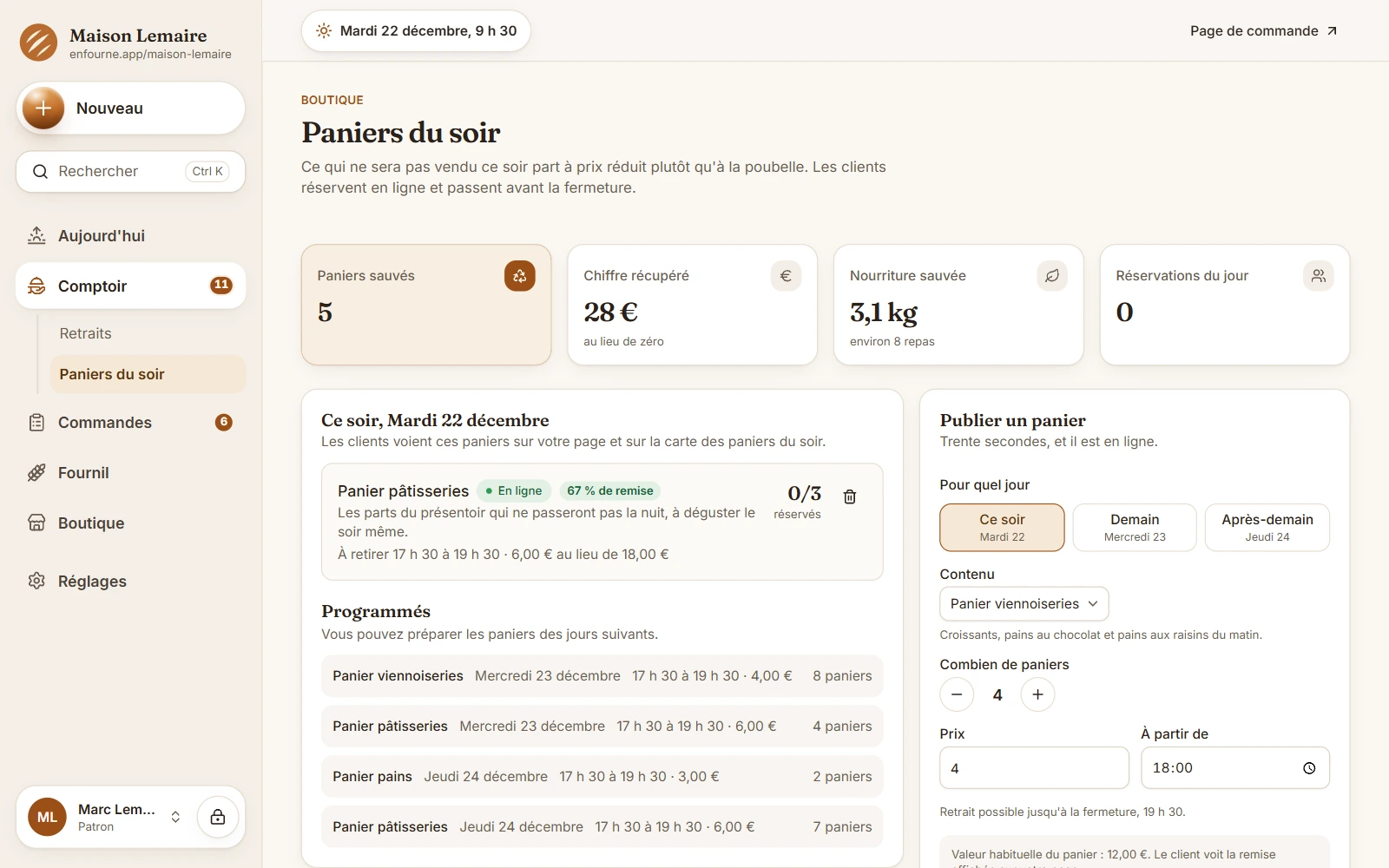 Paniers du soir : les paniers sauvés et le chiffre récupéré, le panier publié ce soir, les paniers programmés et le formulaire pour en mettre un en ligne